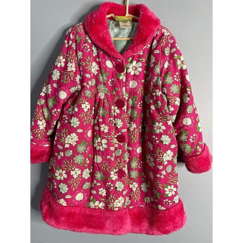 Penelope Mack Pink Floral Corduroy Pea Coat with Faux Fur Trim 6x